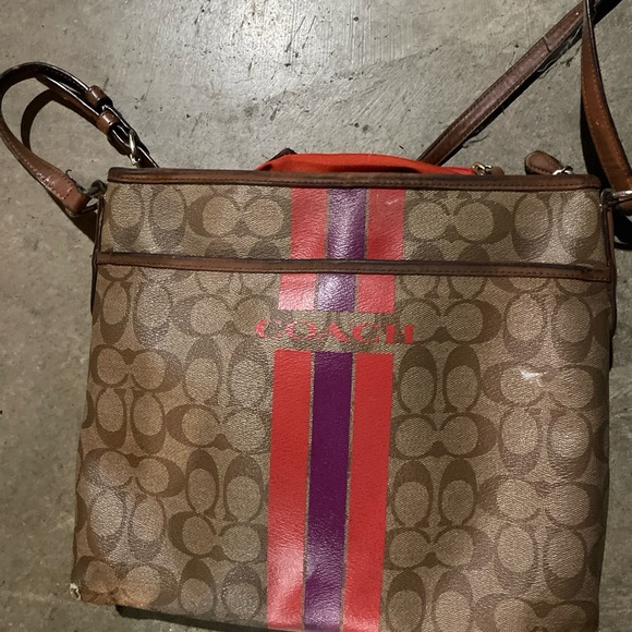 Coach Handbags - Coach Brown Signature Crossbody with Red and Purple Stripe